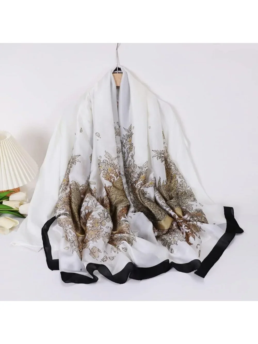 Women's White Black Light Silk Like Scarves Flower Print Head Cotton Wrap Scarf